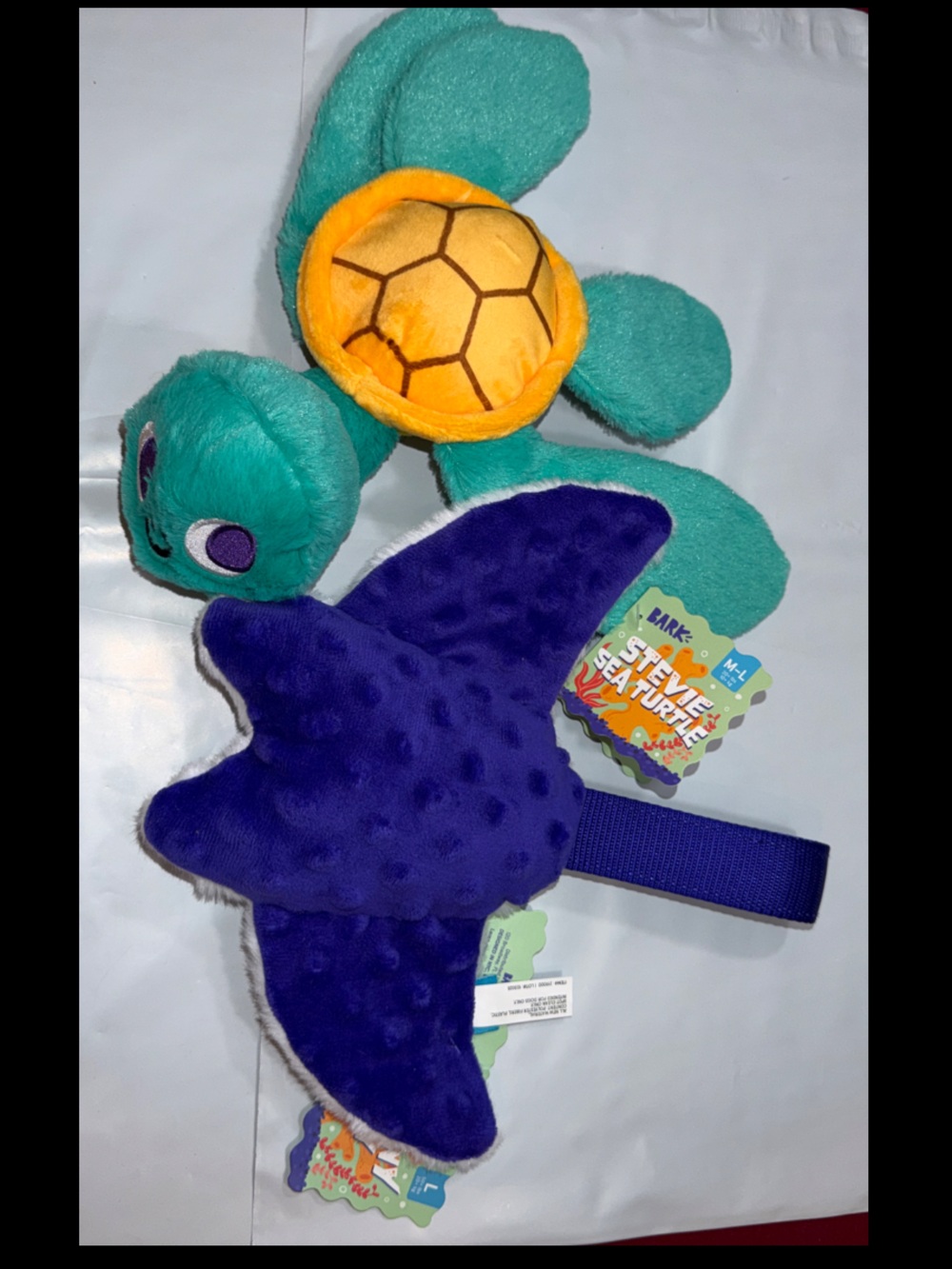 BARK DOG TOYS Steve Sea turtle,  Manny Sting Ray NEW 2 Squeaky Plush Toys M Lg